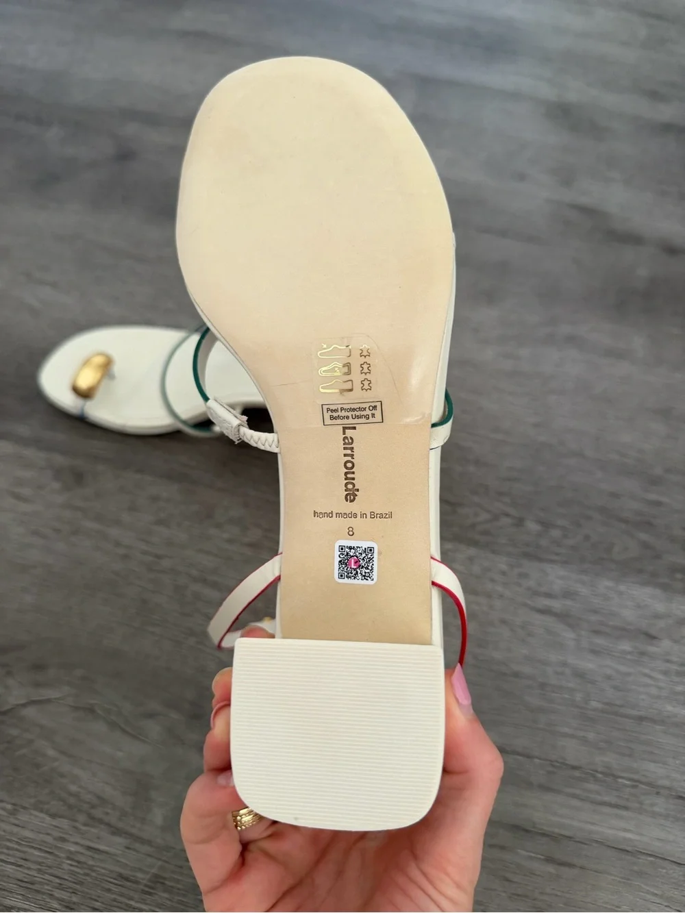 Larroude Cream Block Heel Sandals with Red and Green Trim